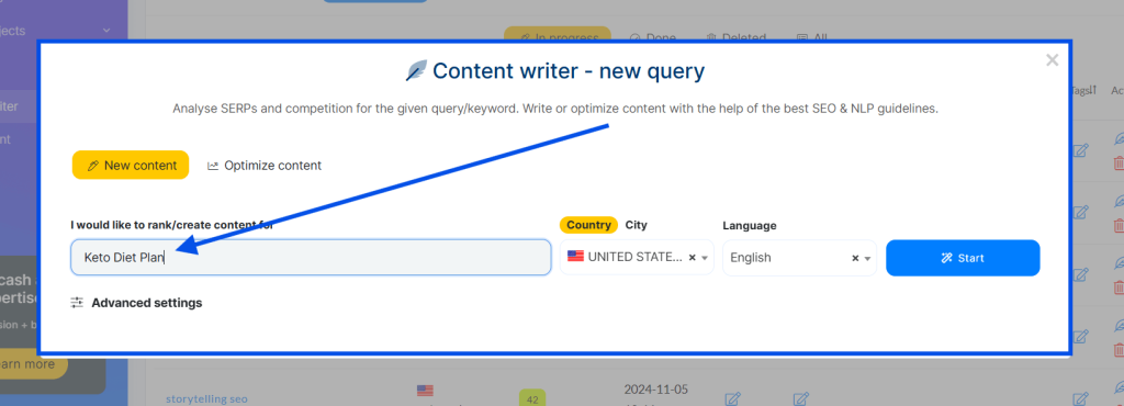 NeuronWriter - Input Main Keyword